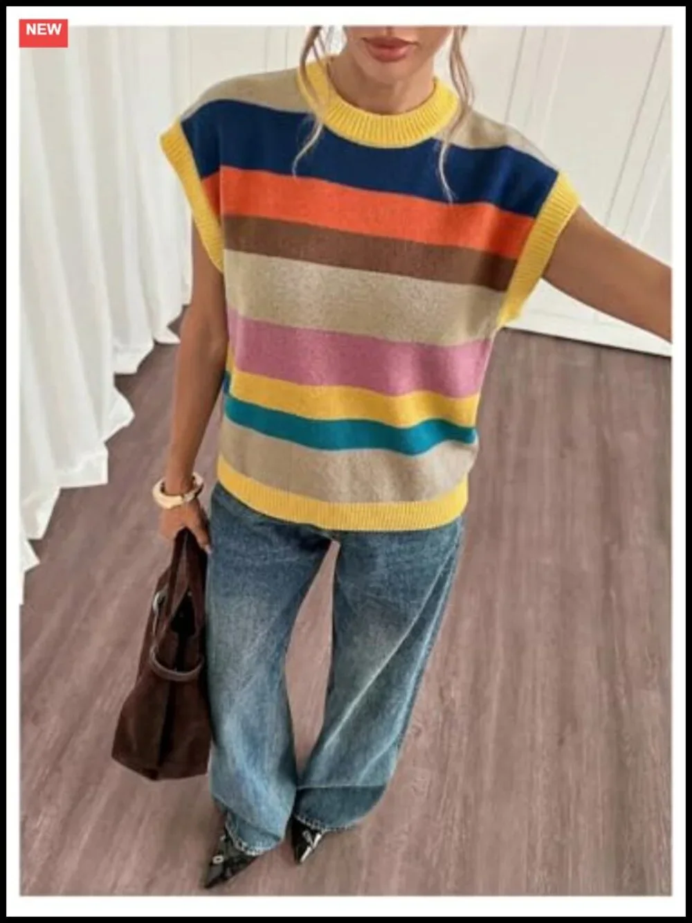 Striped Knit Pullover Sweater Vest Cap Sleeve Dolman Loose